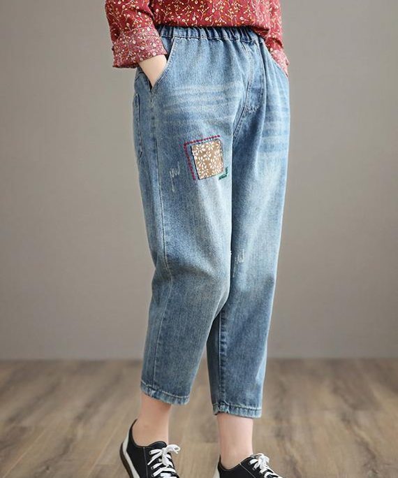 French Denim Blue High Waist Plus Size Clothing Spring Elastic Waist Patchwork Women Trousers