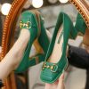 French Green Faux Leather Sequined Splicing Chunky High Heels