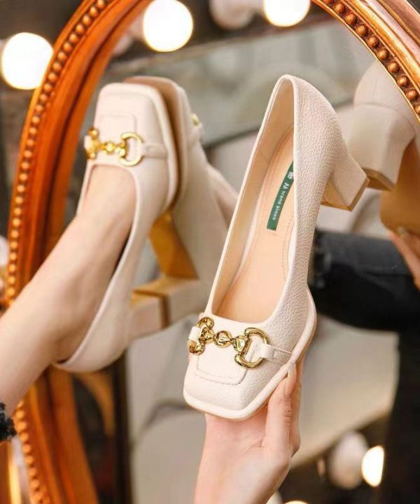 French Green Faux Leather Sequined Splicing Chunky High Heels - Image 2