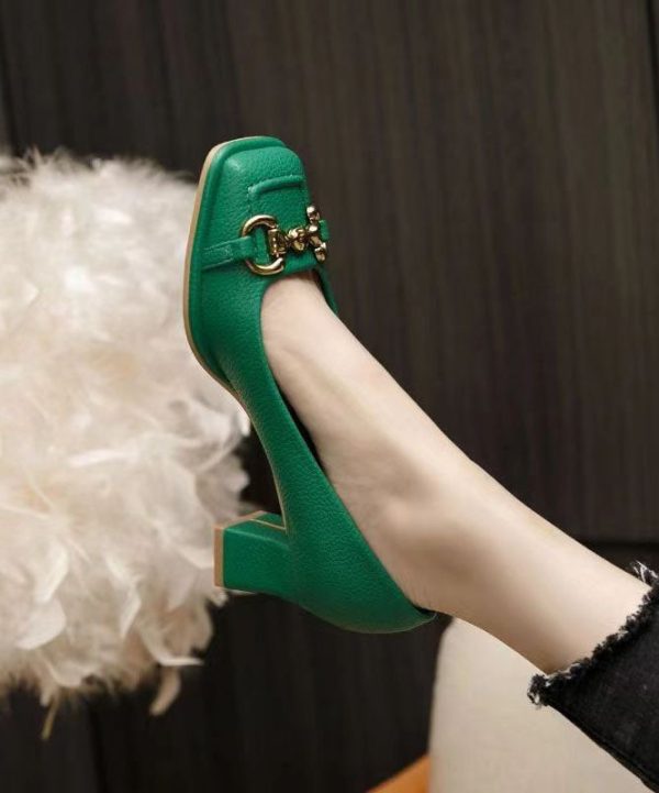 French Green Faux Leather Sequined Splicing Chunky High Heels - Image 4