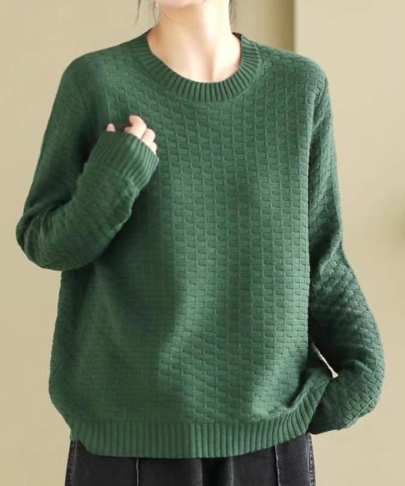 French Green Oversized Plaid Knitted Tops Spring