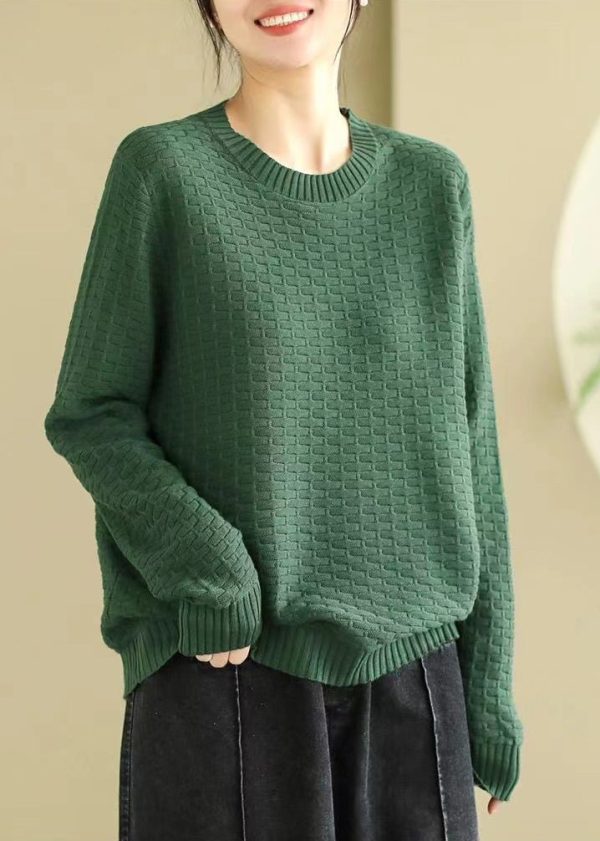 French Green Oversized Plaid Knitted Tops Spring - Image 5