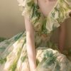 French Green Ruffled Print Chiffon Holiday Dress Summer