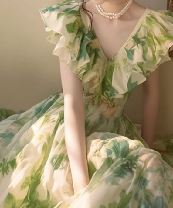 French Green Ruffled Print Chiffon Holiday Dress Summer