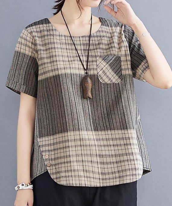 French Grey Plaid asymmetrical design Cotton Linen Blouse Top Summer