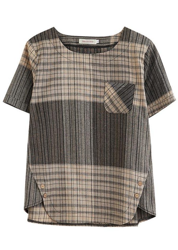 French Grey Plaid asymmetrical design Cotton Linen Blouse Top Summer - Image 5