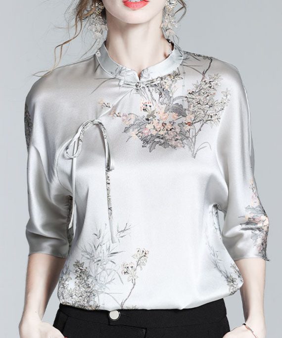 Elegant Silk Stand Collar Oriental Satin Shirt Top Half Sleeve Blouse