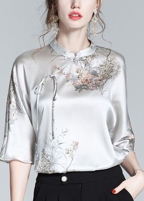 Elegant Silk Stand Collar Oriental Satin Shirt Top Half Sleeve Blouse - Image 2