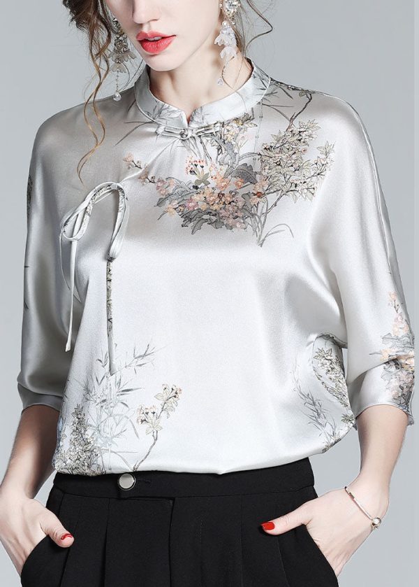 Elegant Silk Stand Collar Oriental Satin Shirt Top Half Sleeve Blouse - Image 3