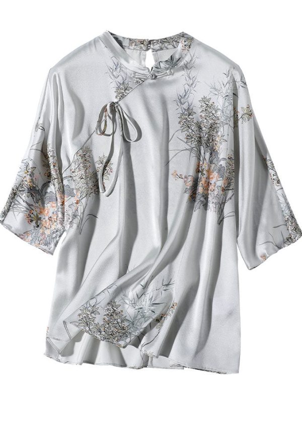 Elegant Silk Stand Collar Oriental Satin Shirt Top Half Sleeve Blouse - Image 5