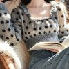 French Grey U Neck Ruffled Dot Knit Sweaters Spring