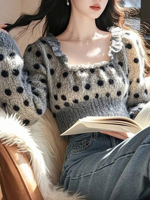 French Grey U Neck Ruffled Dot Knit Sweaters Spring