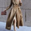 French Khaki Peter Pan Collar Button Silk Long Trench Coat Spring