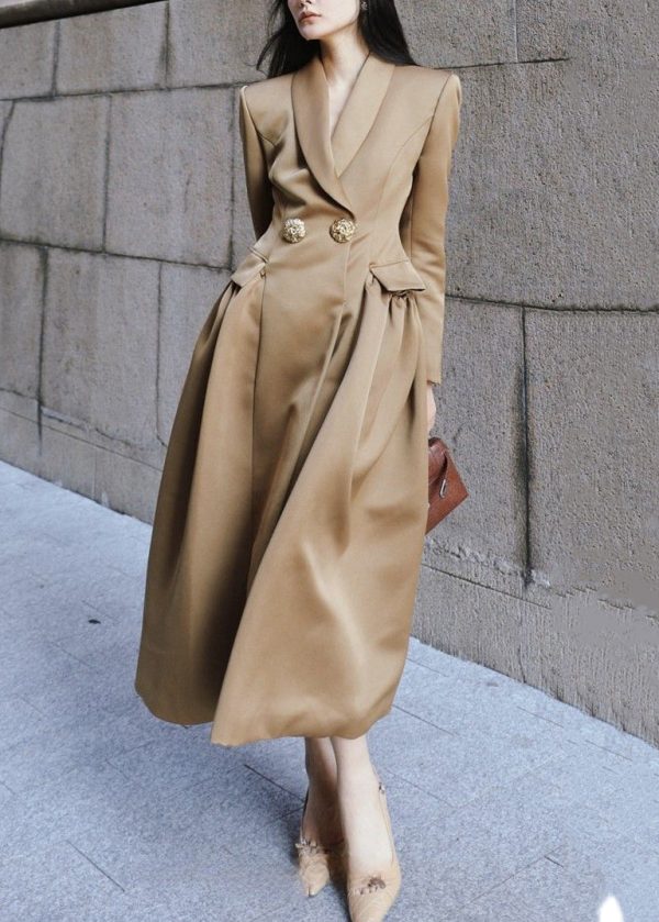French Khaki Peter Pan Collar Button Silk Long Trench Coat Spring - Image 2