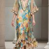 French Khaki Ruffled Print Chiffon Long Dresses Summer