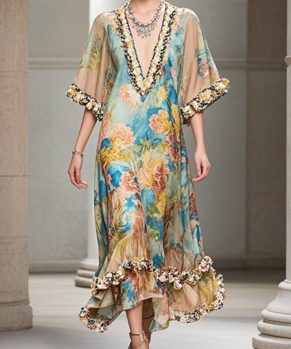 French Khaki Ruffled Print Chiffon Long Dresses Summer