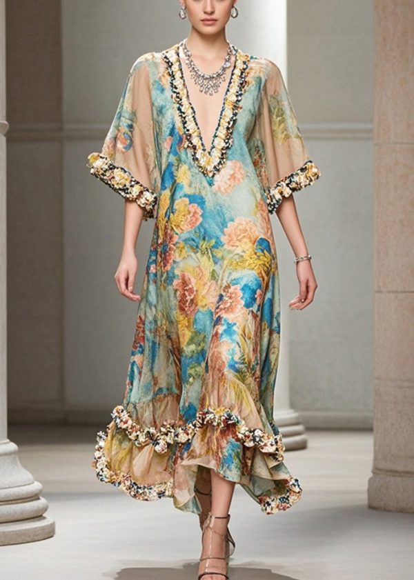 French Khaki Ruffled Print Chiffon Long Dresses Summer - Image 3