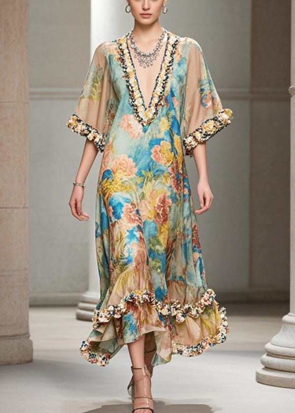 French Khaki Ruffled Print Chiffon Long Dresses Summer - Image 5