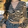 French Leopard V Neck Button Tops Lantern Sleeve