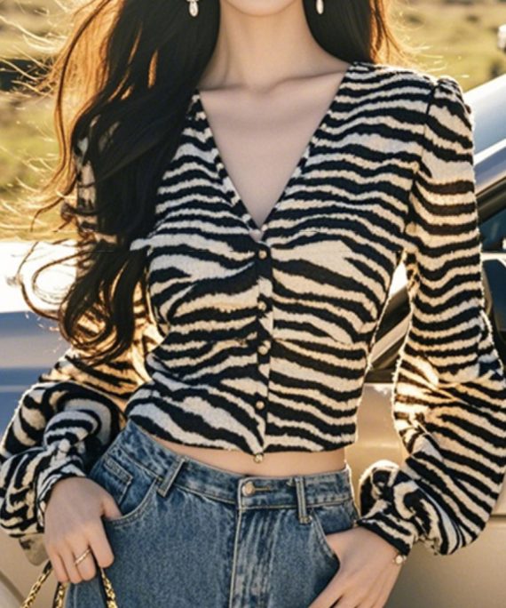 French Leopard V Neck Button Tops Lantern Sleeve