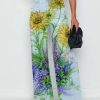 French Light Blue Print High Waist Crop Pants Spring