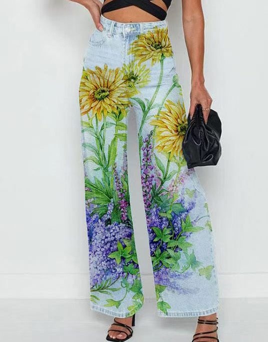 French Light Blue Print High Waist Crop Pants Spring