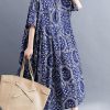 French Navy Exra Large Hem Print Dresses Cotton Linen Summer