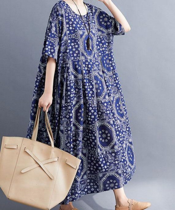 French Navy Exra Large Hem Print Dresses Cotton Linen Summer