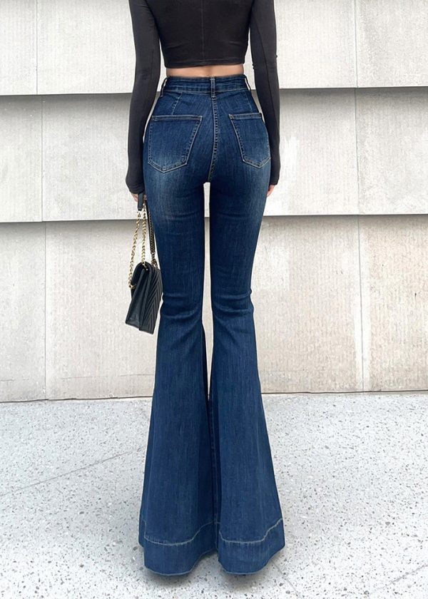French Navy Tummy Control With Pockets Denim Flared Trousers Spring - Image 2