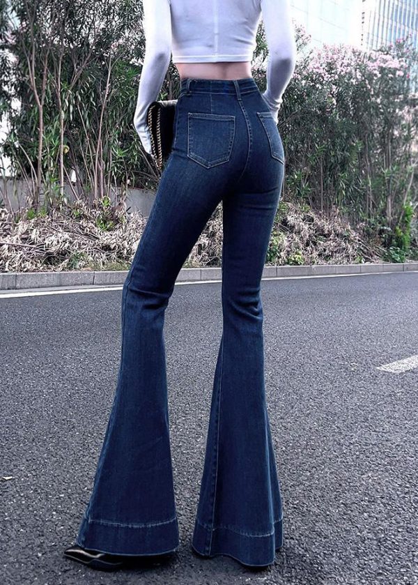 French Navy Tummy Control With Pockets Denim Flared Trousers Spring - Image 5
