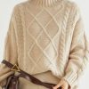 French Oatmeal Turtleneck Thick Cable Cashmere Sweater Spring