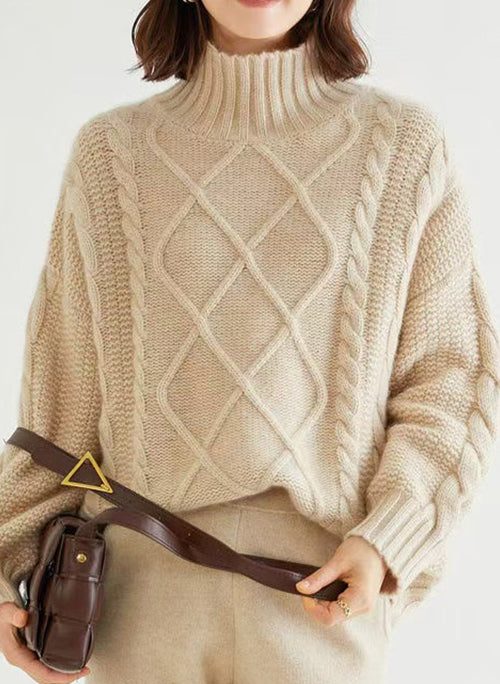 French Oatmeal Turtleneck Thick Cable Cashmere Sweater Spring