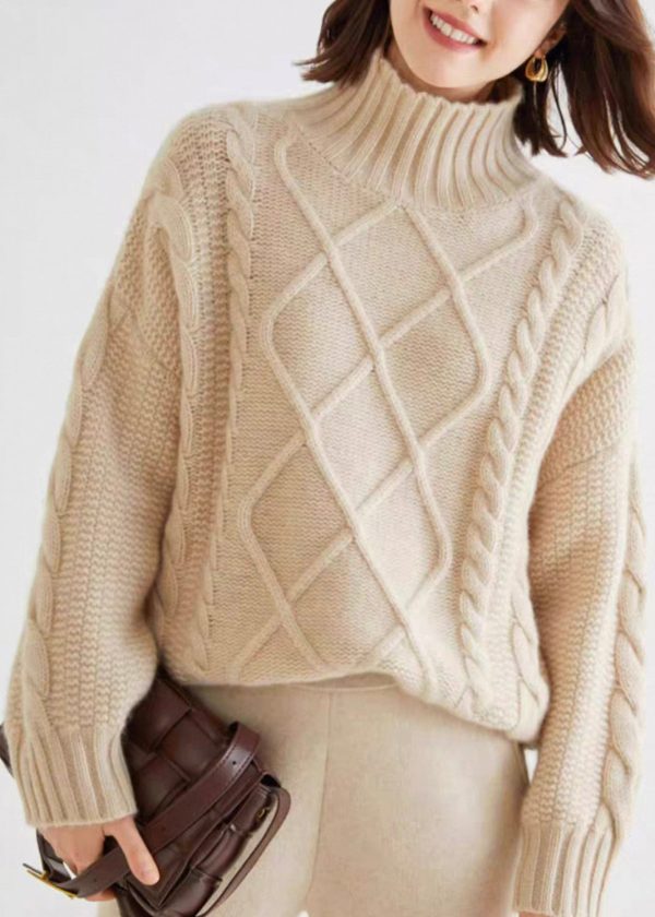 French Oatmeal Turtleneck Thick Cable Cashmere Sweater Spring - Image 2