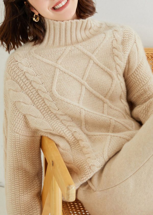 French Oatmeal Turtleneck Thick Cable Cashmere Sweater Spring - Image 4