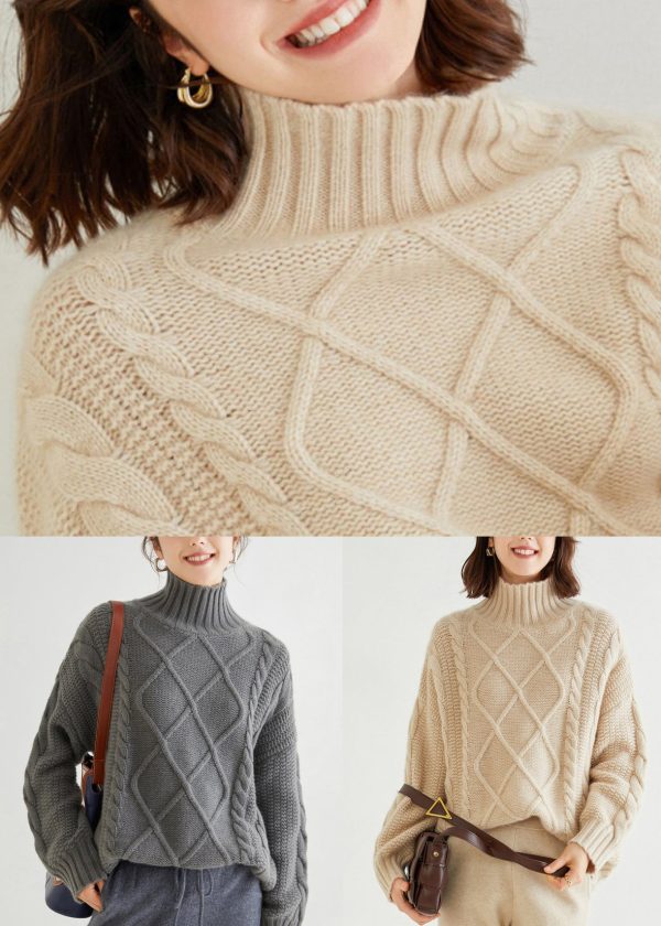 French Oatmeal Turtleneck Thick Cable Cashmere Sweater Spring - Image 5