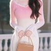 French Pink Gradient V Neck Lace Patchwork Knitted Tops Spring
