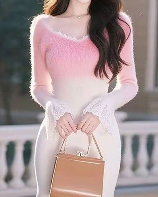 French Pink Gradient V Neck Lace Patchwork Knitted Tops Spring
