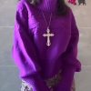 French Purple Hign Neck Thick Knitted Sweaters Tops Spring