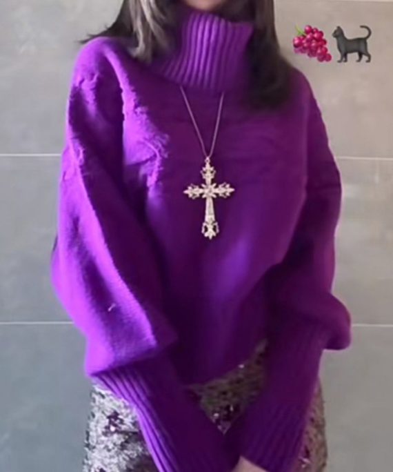 French Purple Hign Neck Thick Knitted Sweaters Tops Spring