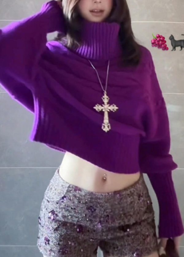 French Purple Hign Neck Thick Knitted Sweaters Tops Spring - Image 2