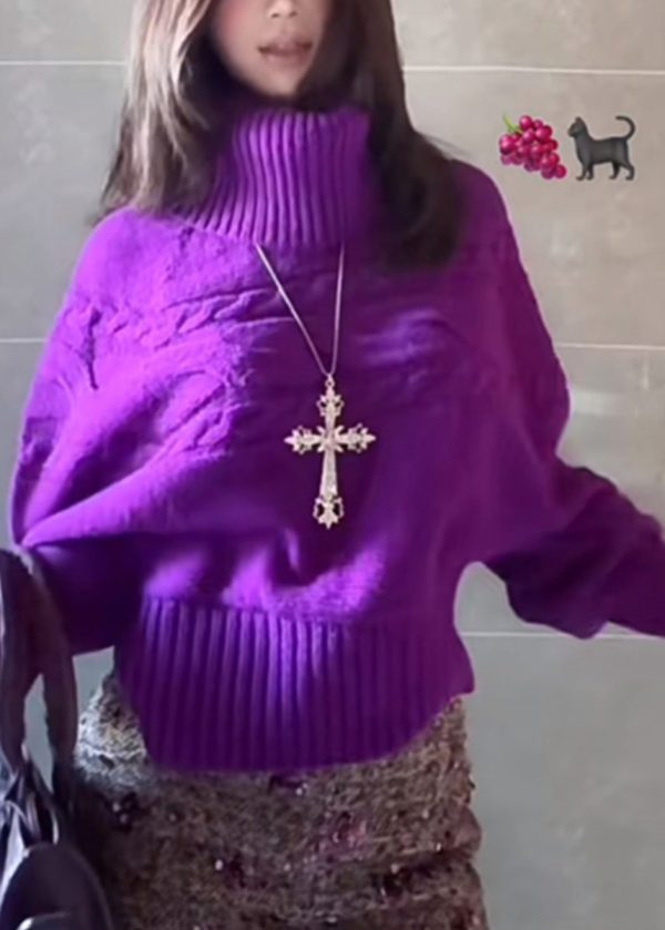 French Purple Hign Neck Thick Knitted Sweaters Tops Spring - Image 3