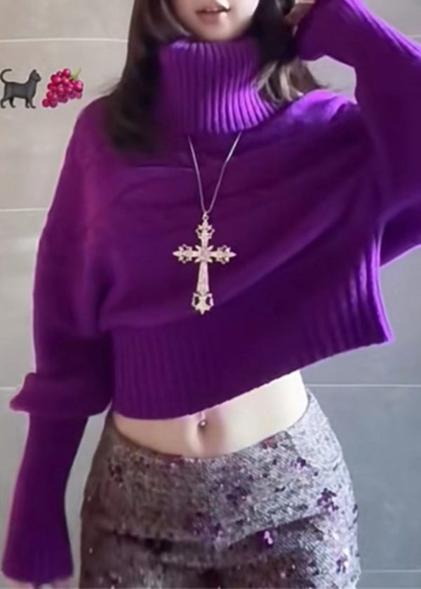 French Purple Hign Neck Thick Knitted Sweaters Tops Spring - Image 5