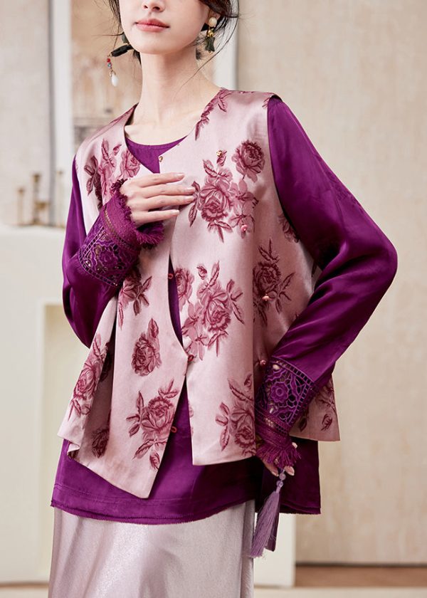 French Purple Print Button Waistcoat Spring