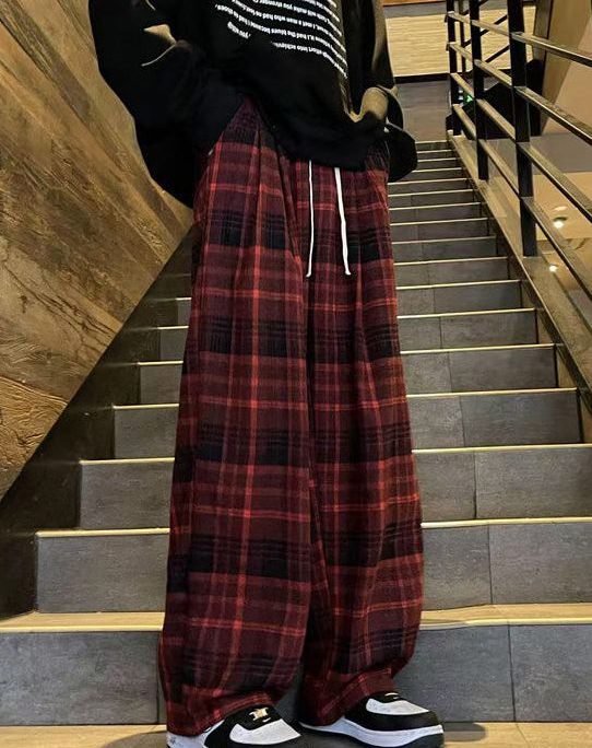 French Red Plaid Elastic Waist Warm Fleece Men Pants Spring