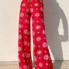 French Red Print Tie Waist Straight Pants Spring