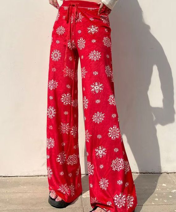 French Red Print Tie Waist Straight Pants Spring