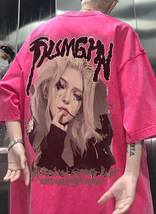 French Rose Belle Letter Oversized Cotton Mens T Shirts Summer