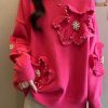 French Rose O Neck Floral Nail Bead Knit Sweater Tops Spring