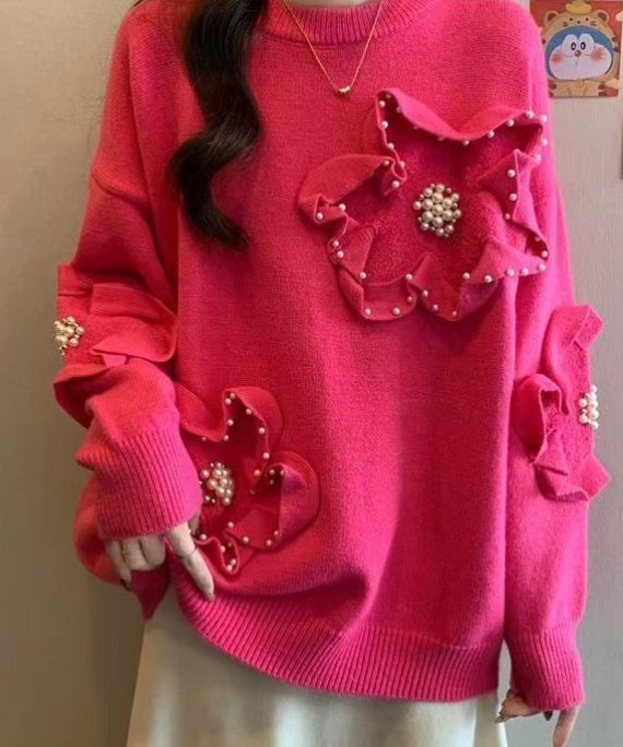 French Rose O Neck Floral Nail Bead Knit Sweater Tops Spring