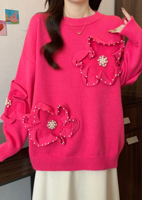 French Rose O Neck Floral Nail Bead Knit Sweater Tops Spring - Image 3